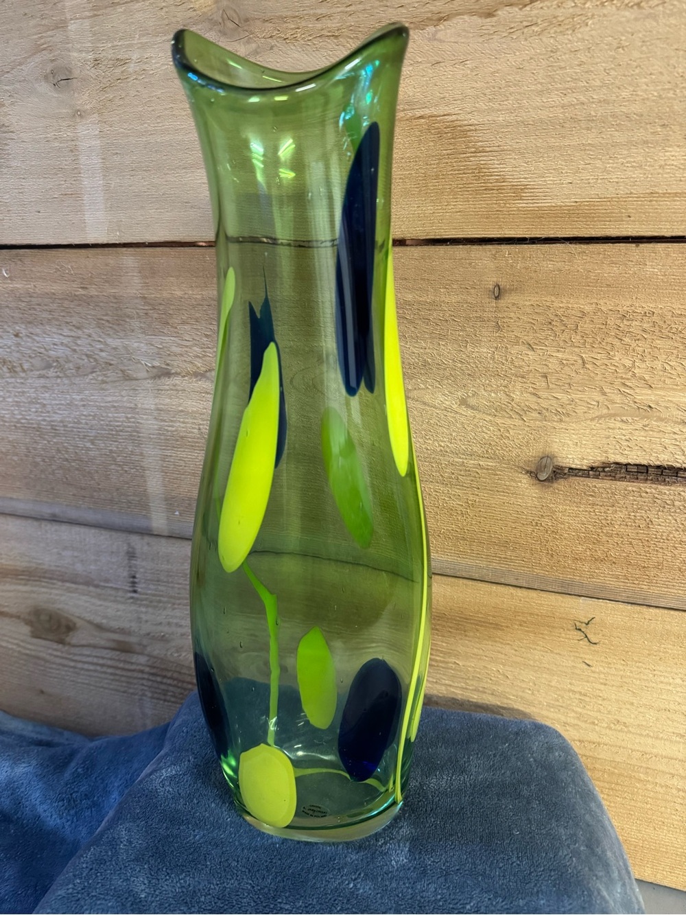 A. JABLONSKI signed Green Art Glass Vase with Blue and Yellow Accents, 18” tall